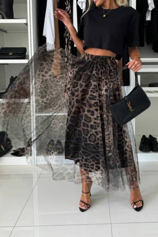 Tulle Leopard Print Elastic Waist A-line Maxi Skirt