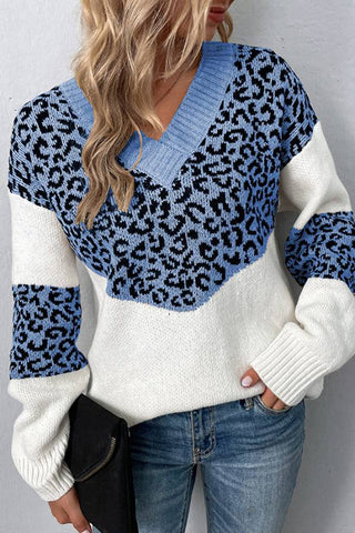 V-neck contrasting leopard print knit pullover sweater