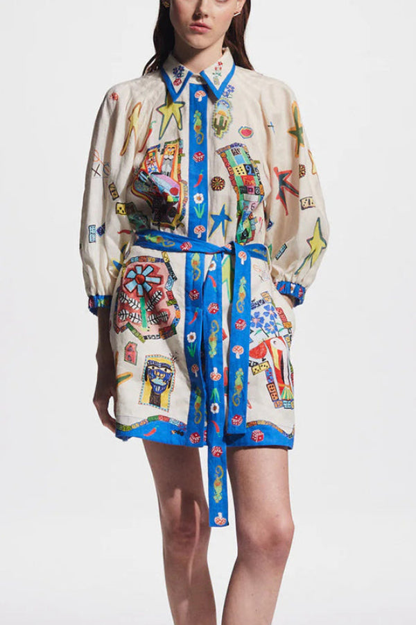 Linen Blend Unique Printed Balloon Sleeve Pocket Tie Waist Mini Dress