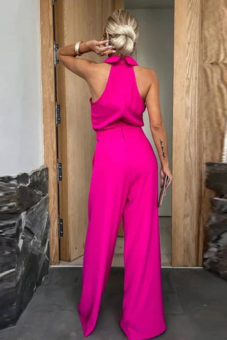 Fashionable Unique Look Halter Shirt Collar Pocketed Wide Leg Jumpsuit