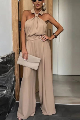 Fashionable Unique Look Halter Shirt Collar Pocketed Wide Leg Jumpsuit