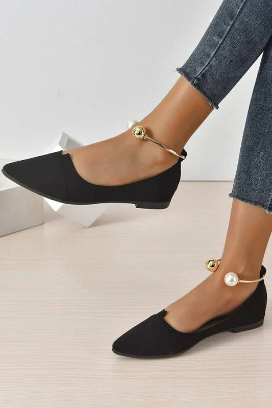 One-Strap Buckle Hollow Shallow Pointed Toe Flat Shoes With Pearl Metal Strap