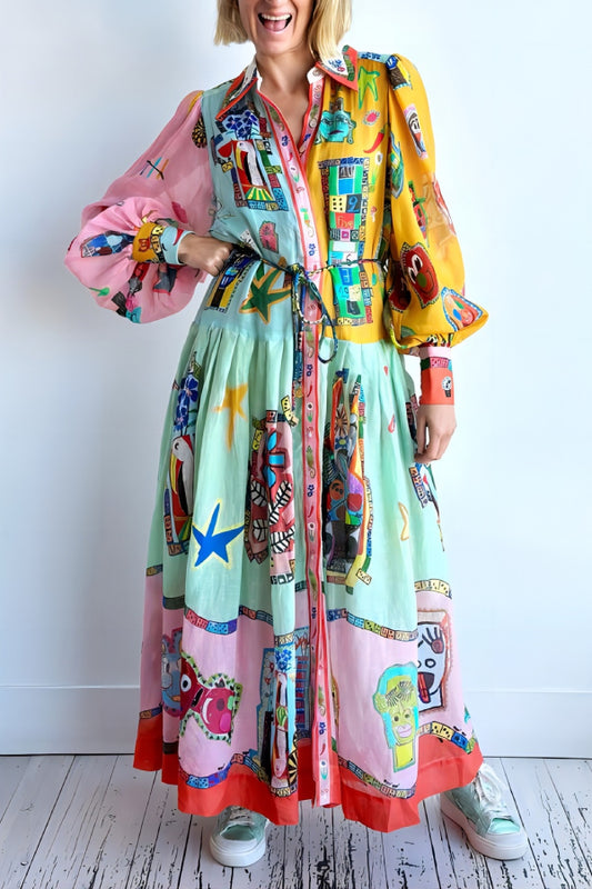 Single-breasted lantern sleeve printed tie waist midi dress