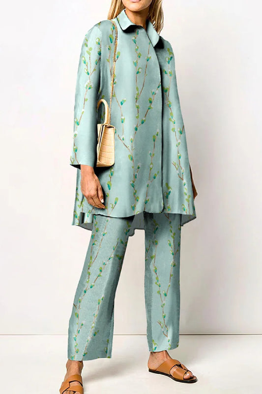 Floral Printed Long Sleeve Shirt Two Piece Set