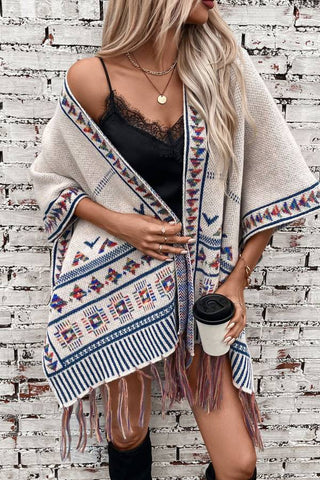 Boho Geometric Tassel Hem Cape Poncho Cardigan