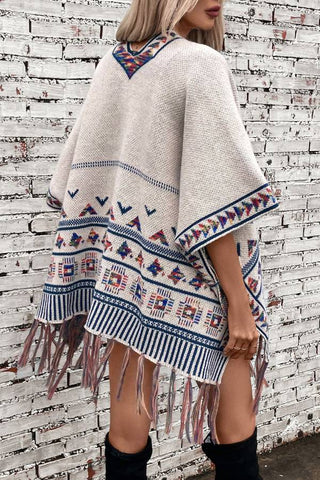 Boho Geometric Tassel Hem Cape Poncho Cardigan