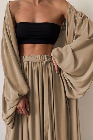 Strapless and flowing wide leg floor pants set