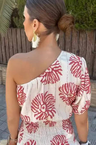 Unique Printed One-shoulder Pleated Slim Fit Resort Mini Dress