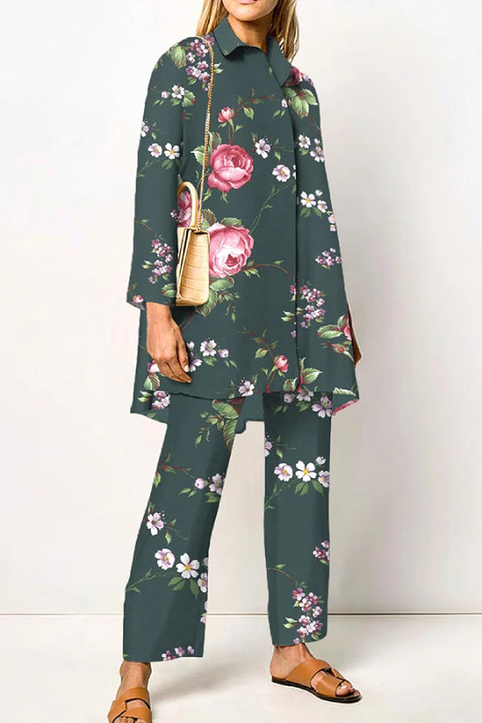 Flower Printed Elegant Shirt Two Piece Set