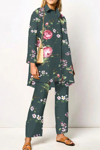Flower Printed Elegant Shirt Two Piece Set