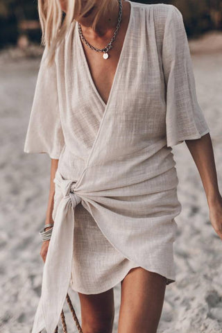 Cotton Linen Blend Knotted Wrap Mini Dress