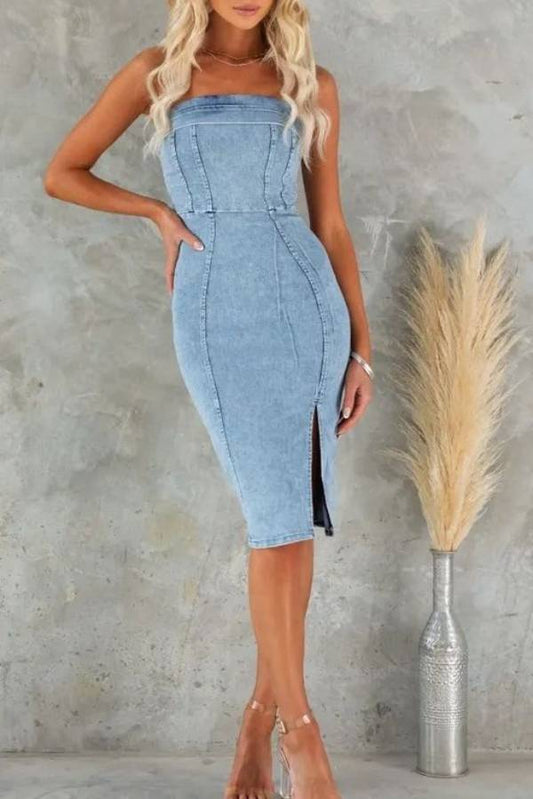 Wrap chest sexy spicy girl patchwork slim denim midi dress