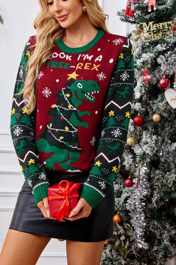 Dinosaur Pattern Drop Christmas Pullover Sweater