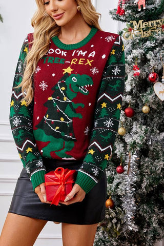 Dinosaur Pattern Drop Christmas Pullover Sweater