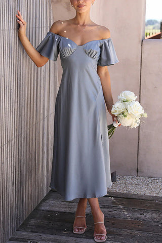 Pure Love Satin Butterfly Sleeve Slit Midi Dress