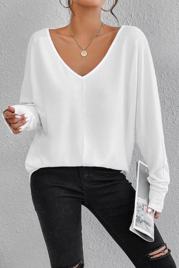 Solid V Neck Batwing Sleeve Tee