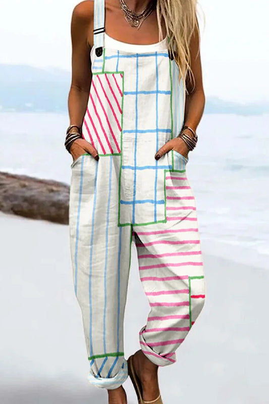 Women's Vintage Abstract Geometric Color Blocks Art Print Casual 100% Cotton Wide Leg Jumpsuit