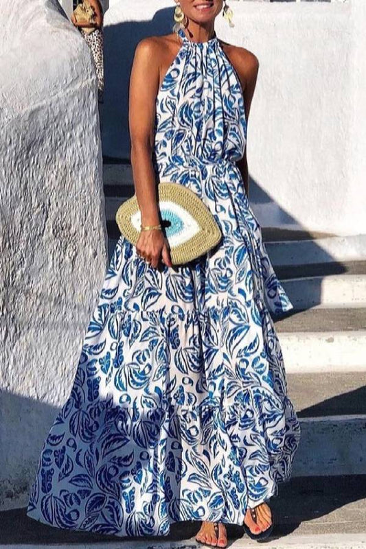 Fashionable sleeveless hanging neck holiday print maxi dress