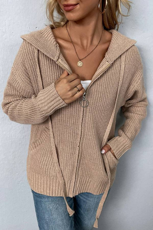 Zip-Up Drawstring Detail Hooded Cardigan