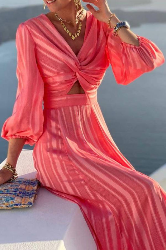 Fashion Twist Chest Loose Puff Sleeve maxi Dress