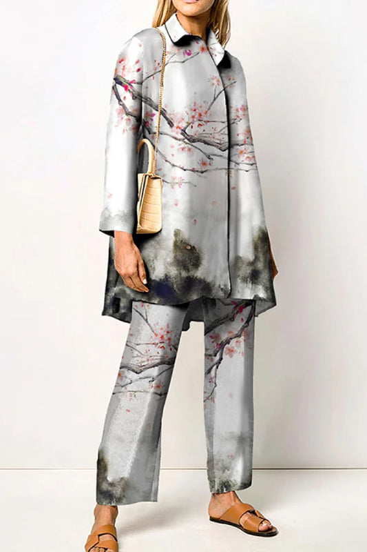 Fashion Plum Print Shirt Two Piece Set
