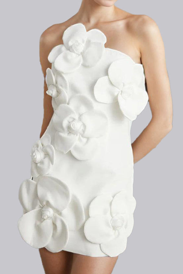 One Shoulder 3D Flower Mini Dress