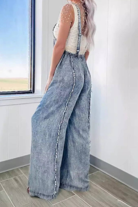 Loose overalls retro washed frayed wide leg jumpsuit