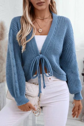 V-neck loose solid color lace up sexy knit cardigan