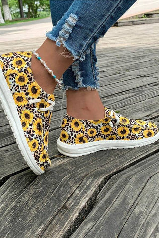 Casual Leopard & Sunflower Printed Lace Up Canvas Shoes