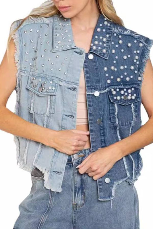 Splicing nail bead loose women's short denim jacket