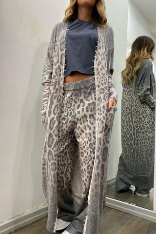 Leopard print long sleeved cardigan jacket and pants set