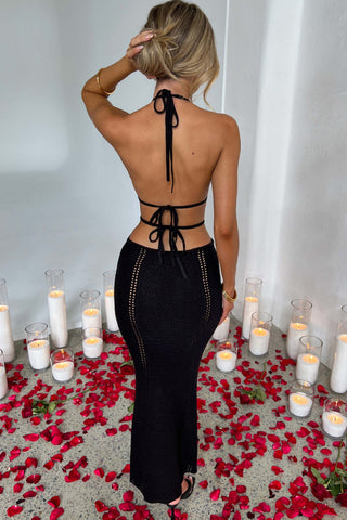 Sexy Knit Crochet Cutout Halter Tie-up Stretch Maxi Dress