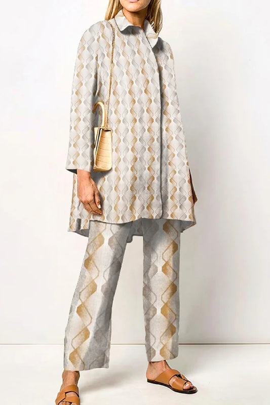 Fashion Print Long Sleeve Shirt Two Piece Set