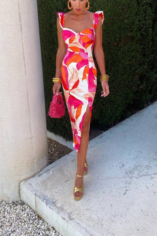 Contrast Print Split Slim Sleeveless Maxi Dress