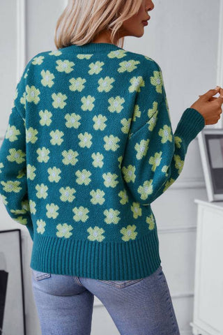 Floral Jacquard V neck Pullover Sweater