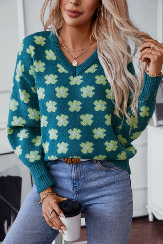 Floral Jacquard V neck Pullover Sweater