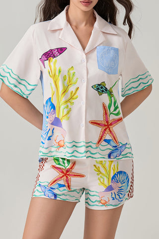 Coastal Seashell Satin Unique Print Pocket Loose Shirt and Elastic Waist Shorts Set