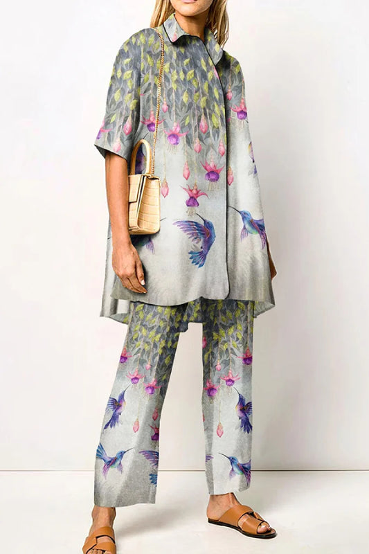 Flower And Bird Printing Shirt Two Piece Set