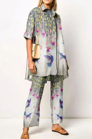Flower And Bird Printing Shirt Two Piece Set