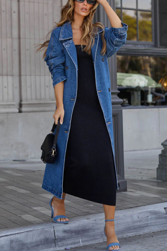 Solid Color Denim Double Pocket Button Down Midi Trench Coat