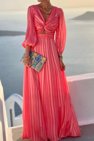 Fashion Twist Chest Loose Puff Sleeve maxi Dress