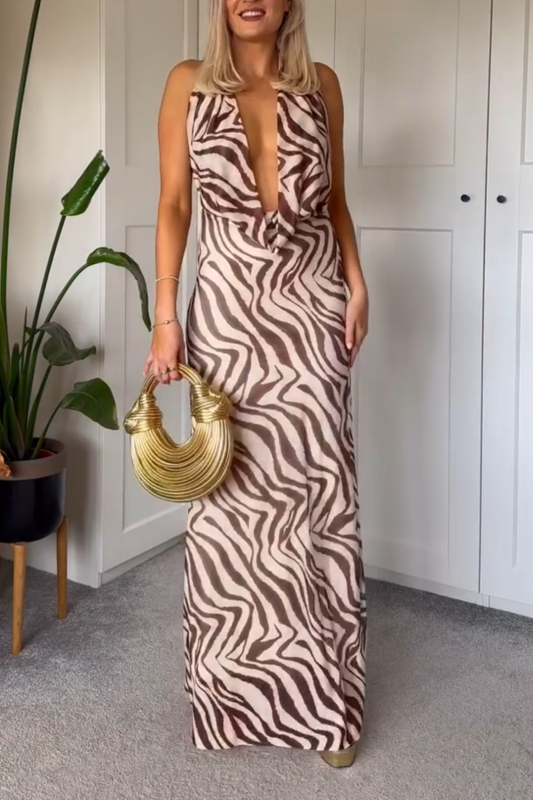 Linen blend animal print neck hanging maxi dress