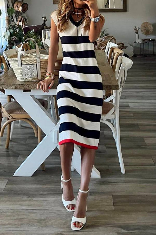 V-neck hem slit casual loose midi dress