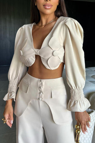 Solid Long Sleeve V-Neck Backless Top and Wide Leg Pants Set