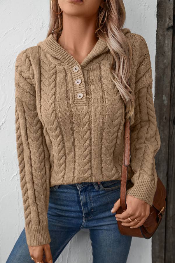 Hooded Thick Retro Button Cable Knit Sweater