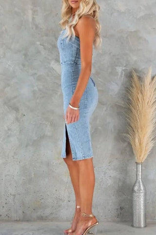 Wrap chest sexy spicy girl patchwork slim denim midi dress