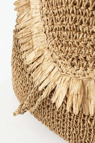 Caramel Fringed Trim Woven Straw Backpack