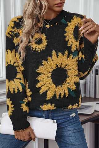 Sunflower towel embroidered round neck long sleeved knitted pullover sweater