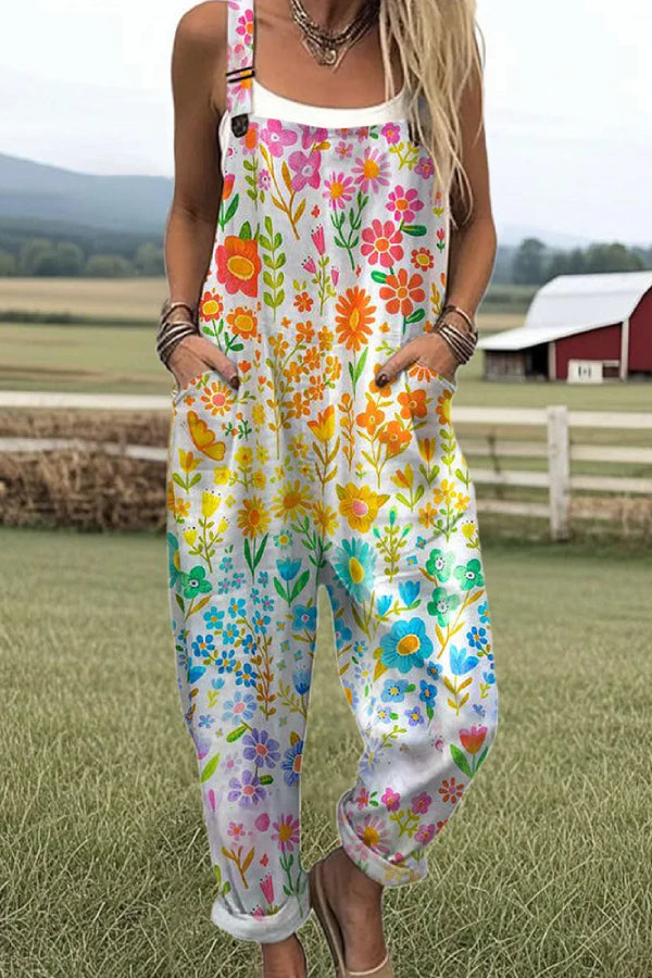 Women's Vintage Flowers Art Print Casual 100% Cotton Wide Leg Jumpsuit