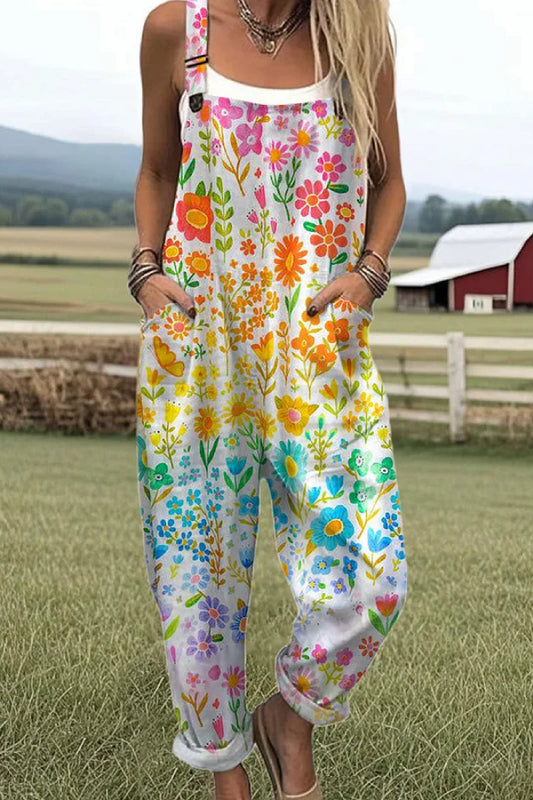 Women's Vintage Flowers Art Print Casual 100% Cotton Wide Leg Jumpsuit